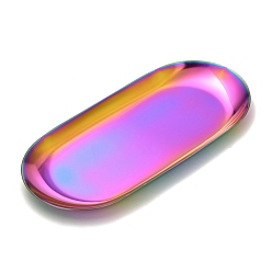 Rainbow Color Oval 430 Stainless Steel Jewelry Display Plate, Cosmetics Organizer Storage Tray, Rainbow Color, 178.5x85x10mm