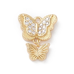 Real 18K Gold Plated Rack Plating Brass Micro Pave Clear Cubic Zirconia Charms, Double Butterfly Charms, Long-Lasting Plated, Cadmium Free & Lead Free, Real 18K Gold Plated, 15x12.5x2.5mm, Hole: 1.4mm