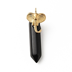 Obsidian Elephant Natural ObsidianPointed Pendants, with Ion Plating(IP) Platinum & Golden Tone 304 Stainless Steel Findings, Faceted Bullet Charm, 42mm, Elephant: 19x14x3.5mm, Bullet: 32.5x8x8.5mm, Hole: 2.7mm
