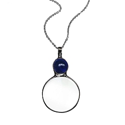 Bleu Nuit Collier pendentif loupe en alliage et verre rond plat pour femme, gris anthracite, bleu minuit, 31.50 pouce (80 cm)