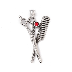 Antique Silver 304 Stainless Steel Rhinestone Pendant, Comb and Scissors Shape, Antique Silver, 54x34x5mm, Hole: 8x4mm