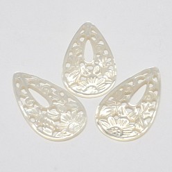 Blanc Nacre naturelle pendentifs coquille, larme, blanc, 37x21x1.5mm, Trou: 1mm