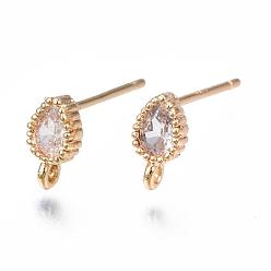 Real 18K Gold Plated Brass Stud Earring Findings, with Loop, Cubic Zirconia, Teardrop, Clear, Nickel Free, Real 18K Gold Plated, 7.5x4mm, Hole: 1mm