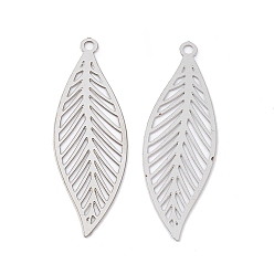 Stainless Steel Color 201 Stainless Steel Pendants, Etched Metal Embellishments, Leaf Charm, Stainless Steel Color, 32x10x0.2mm, Hole: 1.4mm