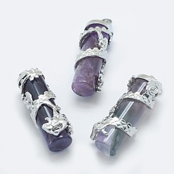 Amethyst Natural Amethyst Pendants, with Brass Findings, Column with Dragon, Platinum, 40.5~41.5x14x15mm, Hole: 3.5x5mm