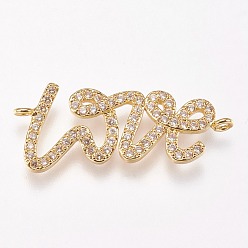 Golden Brass Micro Pave Cubic Zirconia Links, Love, Clear, Golden, 27.5x11.5x2mm, Hole: 1mm