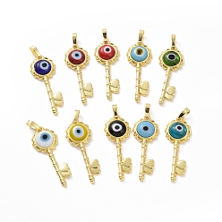 Mixed Color Handmade Evil Eye Lampwork Pendants, with Real 18K Gold Plated Tone Brass Findings, Key Charm, Mixed Color, 33x12x4mm, Hole: 4x6mm