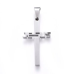 Stainless Steel Color 304 Stainless Steel Pendants, For Easter, Cross with Word Jesus, Stainless Steel Color, 31x17x2.2mm, Hole: 8x4mm