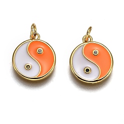 Orange Brass Micro Pave Clear Cubic Zirconia Pendants, with Enamel & Jump Rings, Flat Round with Yin Yang, Real 18K Gold Plated, Orange, 15x12.5x2mm, Jump Ring: 5x1mm, 3mm Inner Diameter