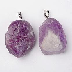 Amethyst Natural Amethyst Pendants, Nuggets, with Brass Findings, Platinum, 26~42x20~26x14~22mm, Hole: 5x8mm