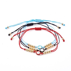 Mixed Color Adjustable Nylon Thread Braided Bead Bracelets, with 304 Stainless Steel Enamel Links and Brass Beads, Evil Eye, Golden, Mixed Color, Inner Diameter: 5/8~3-1/2 inch(1.5~9cm), 3pcs/set