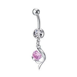 Pearl Pink Piercing Jewelry, Brass Cubic Zirconia Navel Ring, Navel Ring Belly Rings, with 304 Stainless Steel Bar, Lead Free & Cadmium Free, Flower, Platinum, Pearl Pink, 48x10mm, Bar Length: 3/8"(10mm), Bar: 14 Gauge(1.6mm)
