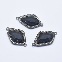 Black Brass Micro Pave Cubic Zirconia Links, with Glass, Faceted, Rhombus, Gunmetal, Black, 33x20x5mm, Hole: 1.6mm