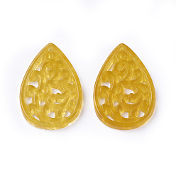 Goldenrod Carved Natural White Jade Pendants, Dyed, Teardrop, Goldenrod, 25x17x1~3mm, Hole: 1mm