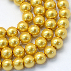 Oro Bicarbonato de vidrio pintado nacarado perla hebras grano redondo, oro, 4~5 mm, agujero: 1 mm, sobre 210 unidades / cadena, 31.4 pulgada