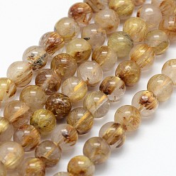 Quartz Rutilated Brins de perles de quartz rutées en or naturel de qualité aa, ronde, 6mm, Trou: 0.8mm, Environ 66 pcs/chapelet, 15.75 pouce (40 cm)