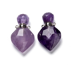 Amethyst Natural Amethyst Perfume Bottle Pendants, with Platinum Brass Findings, Faceted, Rhombus, 27mm, Hole: 1.4mm