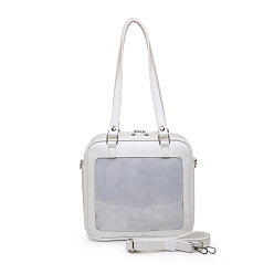 White PU Leather Shoulder Bags, Square Women Bags, with Clear Window, White, 24x24x8cm