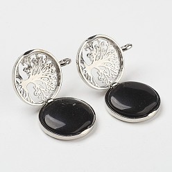 Black Agate Natural Black Agate Pendants, with Brass Diffuser Locket Findings, Flat Round with Tree, 31x26x8mm, Hole: 4mm