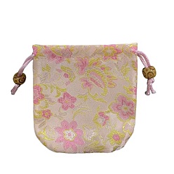 Plum Chinese Style Flower Pattern Satin Jewelry Packing Pouches, Drawstring Gift Bags, Rectangle, Plum, 10.5x10.5cm