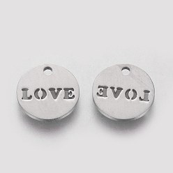 Stainless Steel Color 304 Stainless Steel Charms, Flat Round with Word Love, Stainless Steel Color, 12x1mm, Hole: 1mm