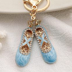 Turquoise Crystal Rhinestone Ballet Shoes Keychains, with Enamel, KC Gold Plated Alloy Charm Keychain, Turquoise, 11.6x1.65cm