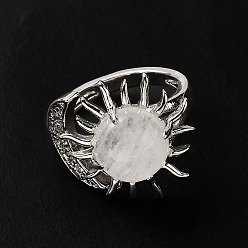 Cristal de Quartz Anneaux de manchette ouverts soleil et lune en cristal de quartz naturel, bijoux en laiton platine pour femme, sans plomb et sans cadmium, diamètre intérieur: 17~18 mm
