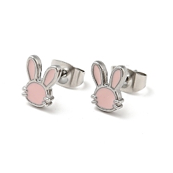 Pink Enamel Rabbit Stud Earrings with 316 Surgical Stainless Steel Pins, Stainless Steel Color Plated 304 Stainless Steel Jewelry for Women, Pink, 8.5x6.5mm, Pin: 0.8mm