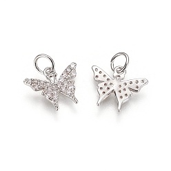 Platinum Brass Micro Pave Cubic Zirconia Charms, Long-Lasting Plated, Butterfly, Clear, Platinum, 11x13x2mm, Hole: 3.5mm