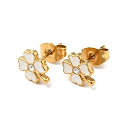 White Enamel Clover with Crystal Rhinestone Stud Earrings with 316 Surgical Stainless Steel Pins, Gold Plated 304 Stainless Steel Jewelry for Women, White, 8.5x7mm, Pin: 0.8mm