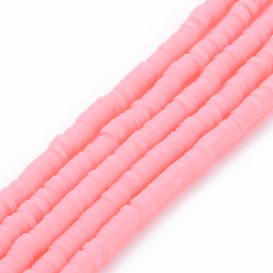 Pink Handmade Polymer Clay Bead Strands, Heishi Beads, Disc/Flat Round, Pink, 4x0.5~1mm, Hole: 1.5mm, about 320~447pcs/strand, 15.74~16.92 inch