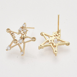 Real 18K Gold Plated Brass Micro Pave Clear Cubic Zirconia Stud Earring Findings, Rhinestone Settings, Nickel Free, Star, Real 18K Gold Plated, 16x16.5mm, Pin: 0.8mm, Fit For 1.5mm Rhinestone