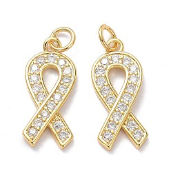 Real 18K Gold Plated Brass Micro Pave Clear Cubic Zirconia Pendants, with Jump Ring, Long-Lasting Plated, Awareness Ribbon Shape, Real 18K Gold Plated, 21x9x2mm, Jump Rings: 5x1mm, 3mm Inner Diameter