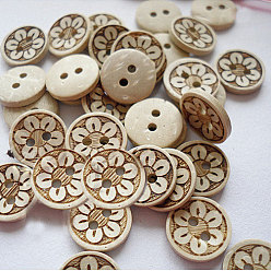 BurlyWood Lovely Carved 2-hole Basic Sewing Button, Coconut Button, BurlyWood, about 13mm in diameter