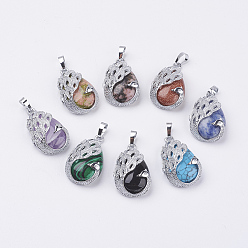 Mixed Stone Natural & Synthetic Mixed Stone Pendants, with Brass Finding, Teardrop with Peacock, Platinum, 33x20x10.5mm, Hole: 5x6.5mm
