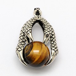 Tiger Eye Vintage Natural Bezel Tiger Eye Pendants, with Antique Silver Plated Alloy Findings, Animal Claw with Round Beads, 37x25x16mm, Hole: 5x3mm