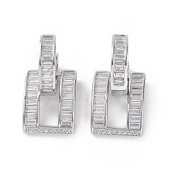 Platino Aretes de aro rectangulares con circonitas cúbicas transparentes, joyas de latón para mujer, Platino, 28 mm, pin: 1.1 mm