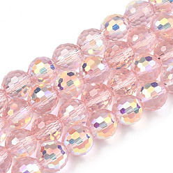 Pink Transparentes perles de verre de galvanoplastie brins, facette, demi couleur ab plaqué, ronde, rose, 8x7~7.5mm, Trou: 1.0mm, environ 71~72 pcs / brin, 20.20~21.85 pouce (51.3~55.5 cm)