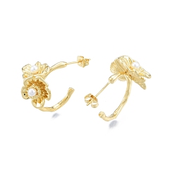Real 18K Gold Plated ABS Plastic Imitation Pearl Flower Stud Earrings, Brass Half Hoop Earrings for Women, Real 18K Gold Plated, 20x22.5x15mm, Pin: 0.8mm