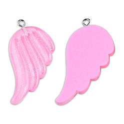 Pearl Pink Translucent Resin Pendants, Wing Charms, with Platinum Plated Iron Loops and Glitter Powder, Pearl Pink, 41x30x4mm, Hole: 2mm
