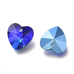 Bleu Charmes en verre facetté, cœur, dos plaqué, bleu, 14x14x7.5mm, Trou: 1.4mm