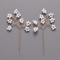 Blanc Perles de graines de verre, branche enroulée de fil de laiton doré, pour la sculpture d'arbre de fil de bricolage, bonsaï perlé, blanc, 47~49x22~23x2mm
