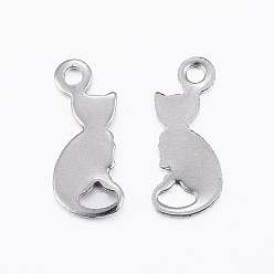 Stainless Steel Color 304 Stainless Steel Kitten Pendants, Cat Silhouette Shape, Stainless Steel Color, 13x5.5x0.5mm, Hole: 1.2mm