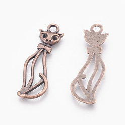 Red Copper Tibetan Style Alloy Kitten Pendants, Hollow, Cat Shape, Red Copper, Lead Free and Cadmium Free, 34x12x2mm, Hole: 3mm