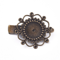 Antique Bronze Hair Accessories Iron Alligator Hair Clip Findings, with Brass Filigree Flower Cabochon Bezel Settings, Antique Bronze, Tray: 12mm, 34.5mm, Flower: 28mm