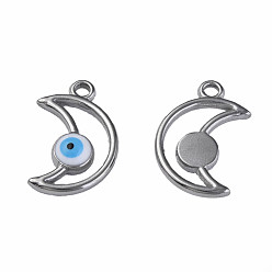 White 304 Stainless Steel Enamel Pendants, Moon with Evil Eye, Stainless Steel Color, White, 18x12x3mm, Hole: 1.6mm