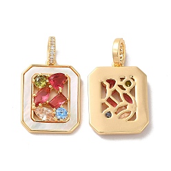 Golden Brass Micro Pave Cubic Zirconia Pendants, with Colorful Rhinestone, Rectangle Charms, Golden, 22.5x17x4mm, Hole: 3.9x5mm