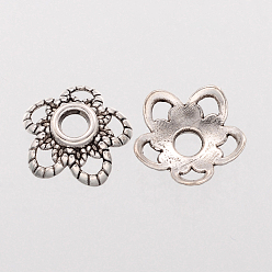 Antique Silver 5-Petal Flower Tibetan Silver Fancy Bead Caps, Lead Free & Cadmium Free, Antique Silver, about 11.2mm in diameter, hole: about 2mm