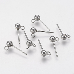 Stainless Steel Color 202 Stainless Steel Ball Stud Earring Findings, with 304 Stainless Steel Pins and Loop, Round, Stainless Steel Color, 15mm, Hole: 1.7mm, Pin: 0.7mm