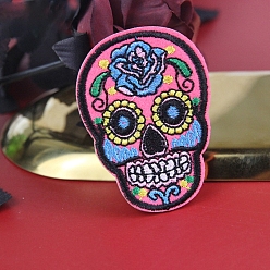Pearl Pink Sugar Skull Computerized Embroidery Style Cloth Iron on/Sew on Patches, Appliques, Badges, for Clothes, Dress, Hat, Jeans, DIY Decorations, for Mexico Day of the Dead, Pearl Pink, 73x54mm